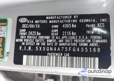 2015 Kia Optima Ex из США, поврежденный, VIN 5XXGN4A75FG435168